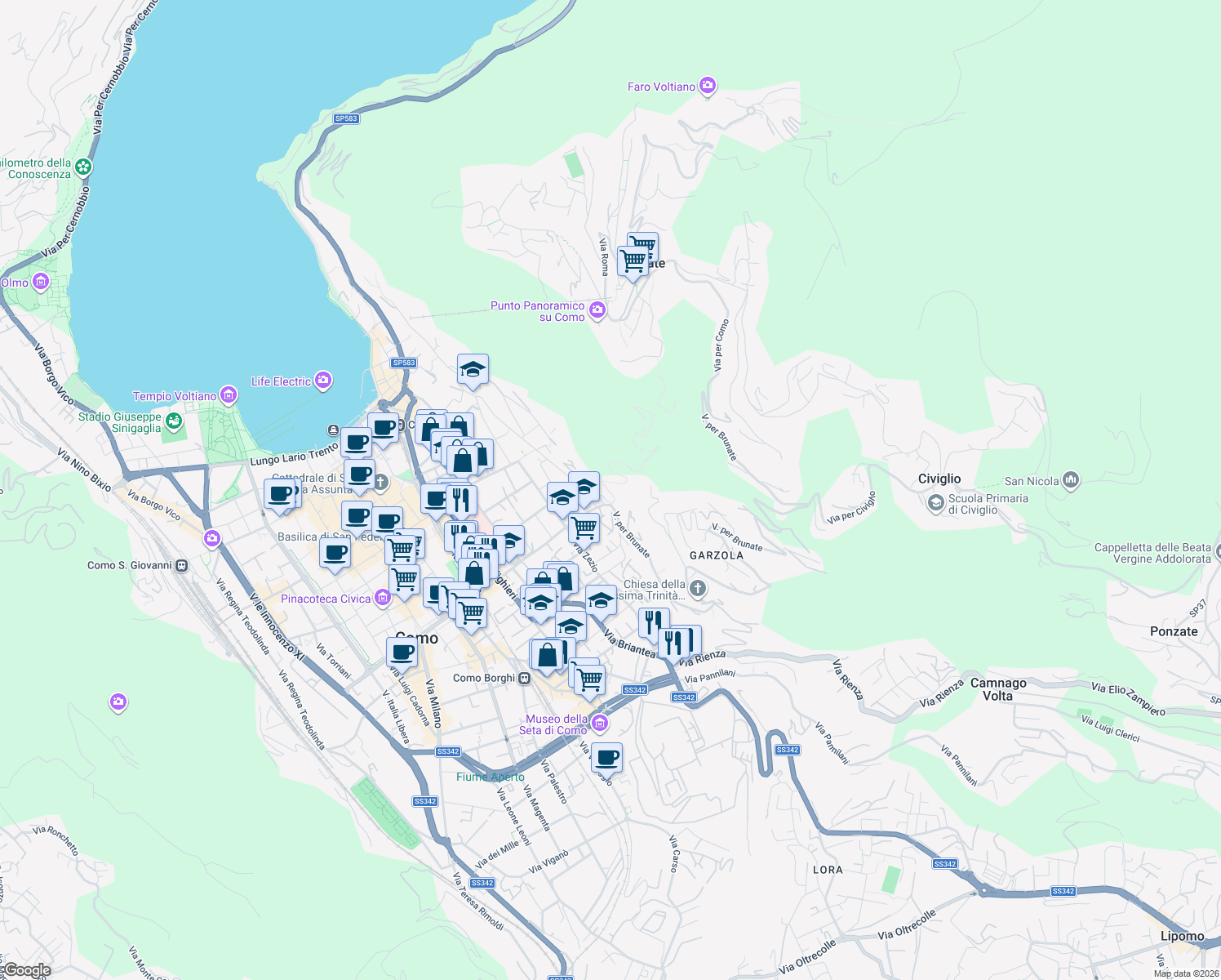 map of restaurants, bars, coffee shops, grocery stores, and more near 6 Salita San Donato in Como