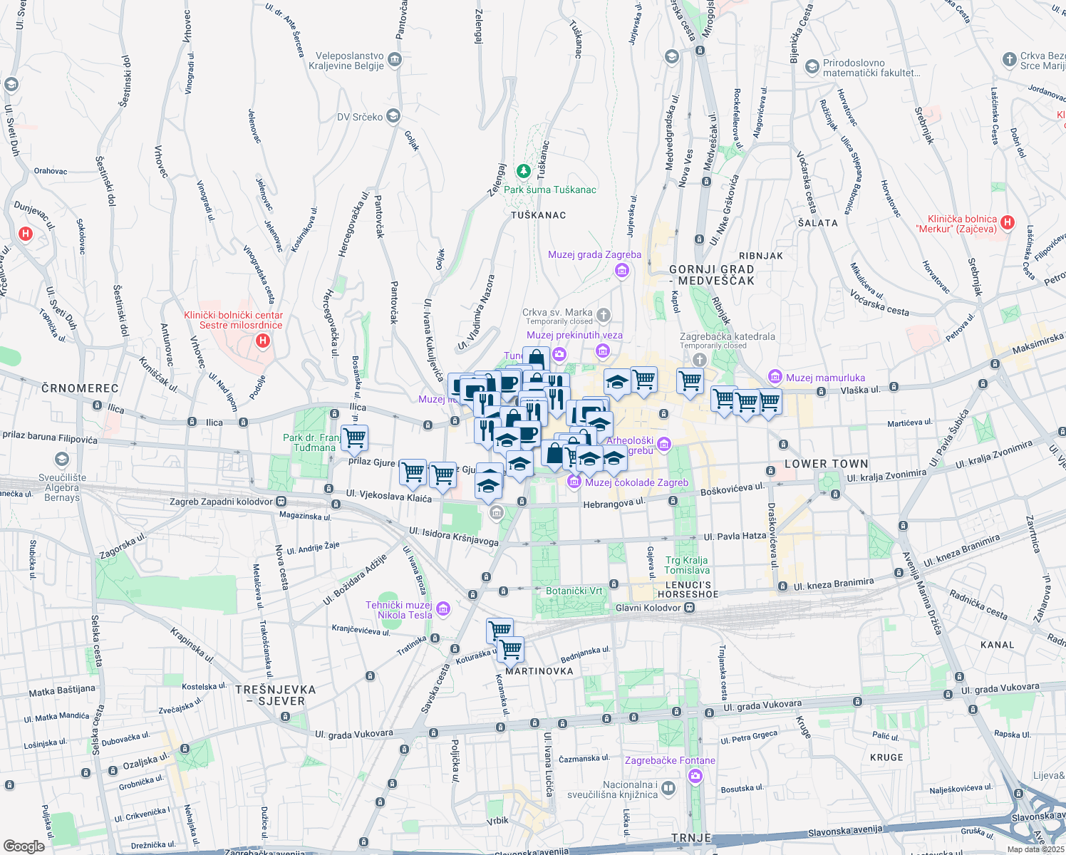 map of restaurants, bars, coffee shops, grocery stores, and more near 8 Frankopanska ulica in Zagreb