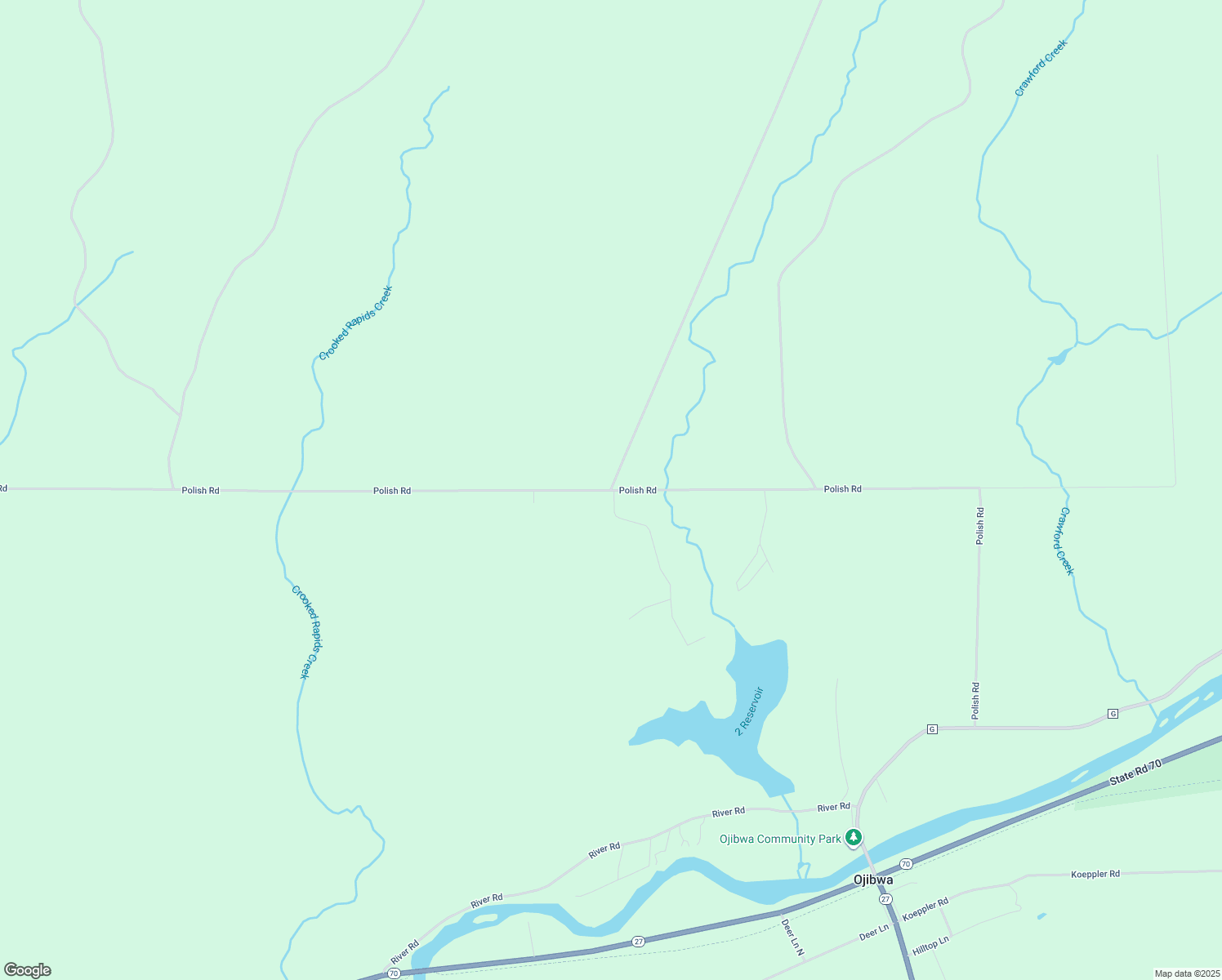 map of restaurants, bars, coffee shops, grocery stores, and more near Polish Road in Ojibwa