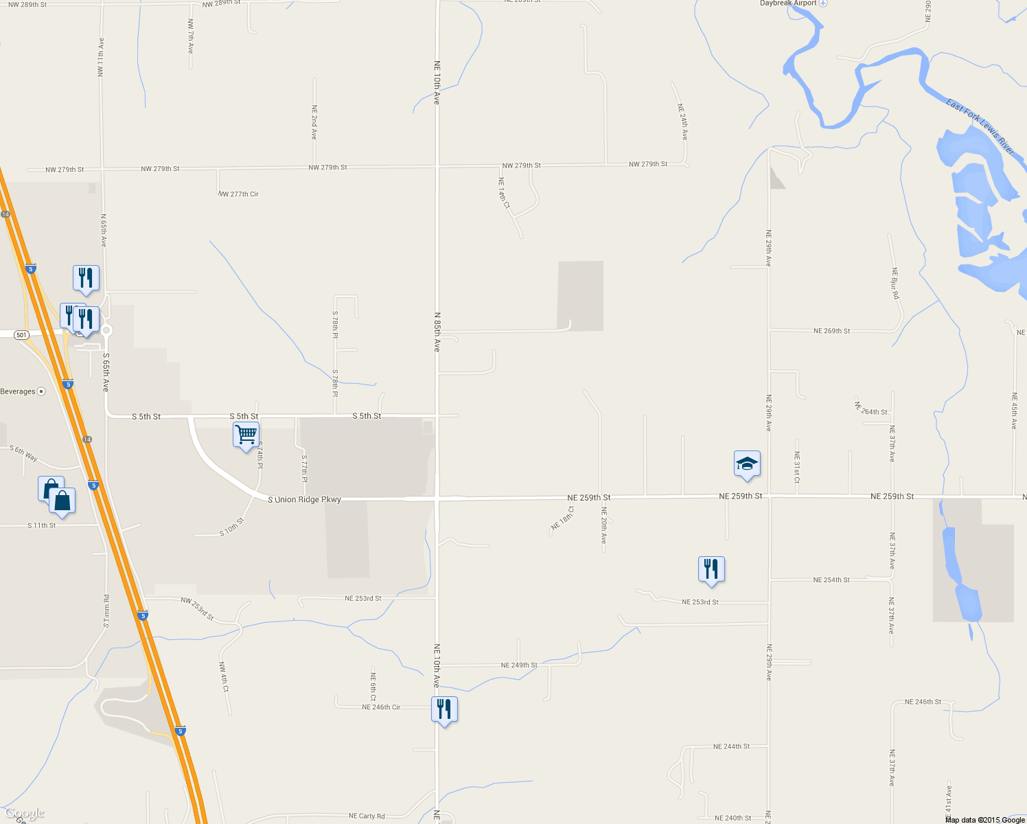 map of restaurants, bars, coffee shops, grocery stores, and more near 26603 Northeast 10th Avenue in Ridgefield