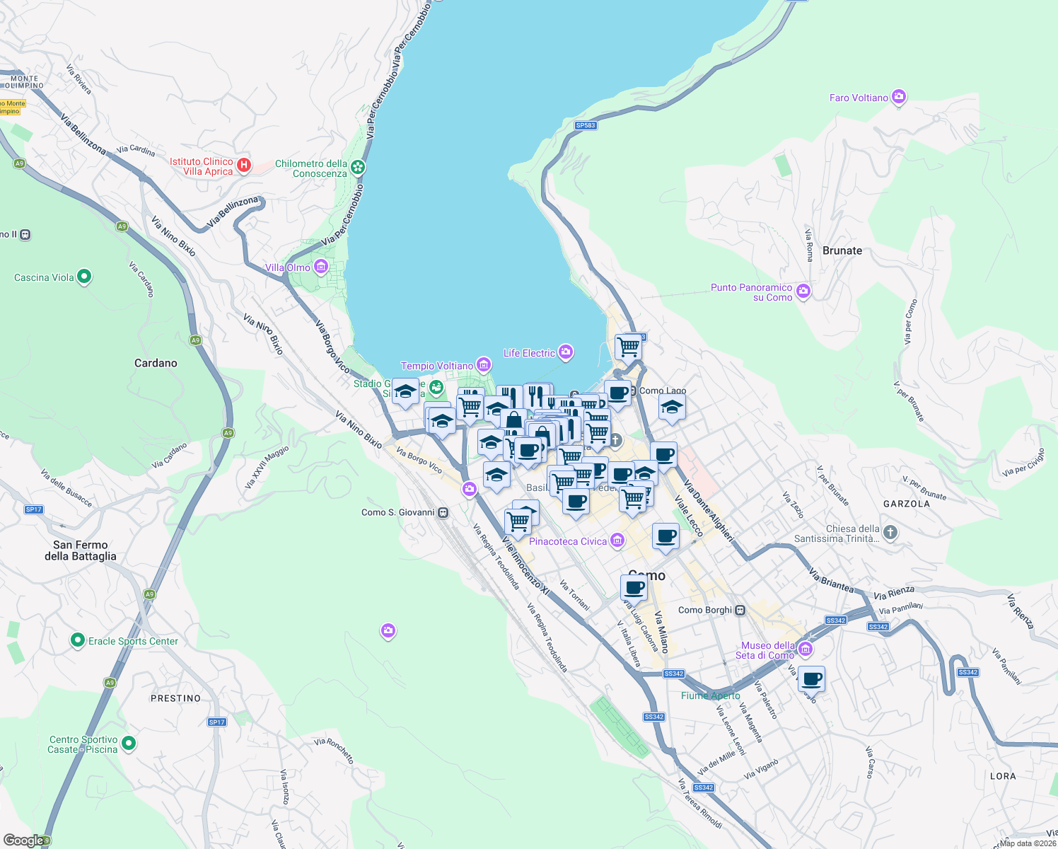 map of restaurants, bars, coffee shops, grocery stores, and more near 13 Lungo Lario Trento in Como