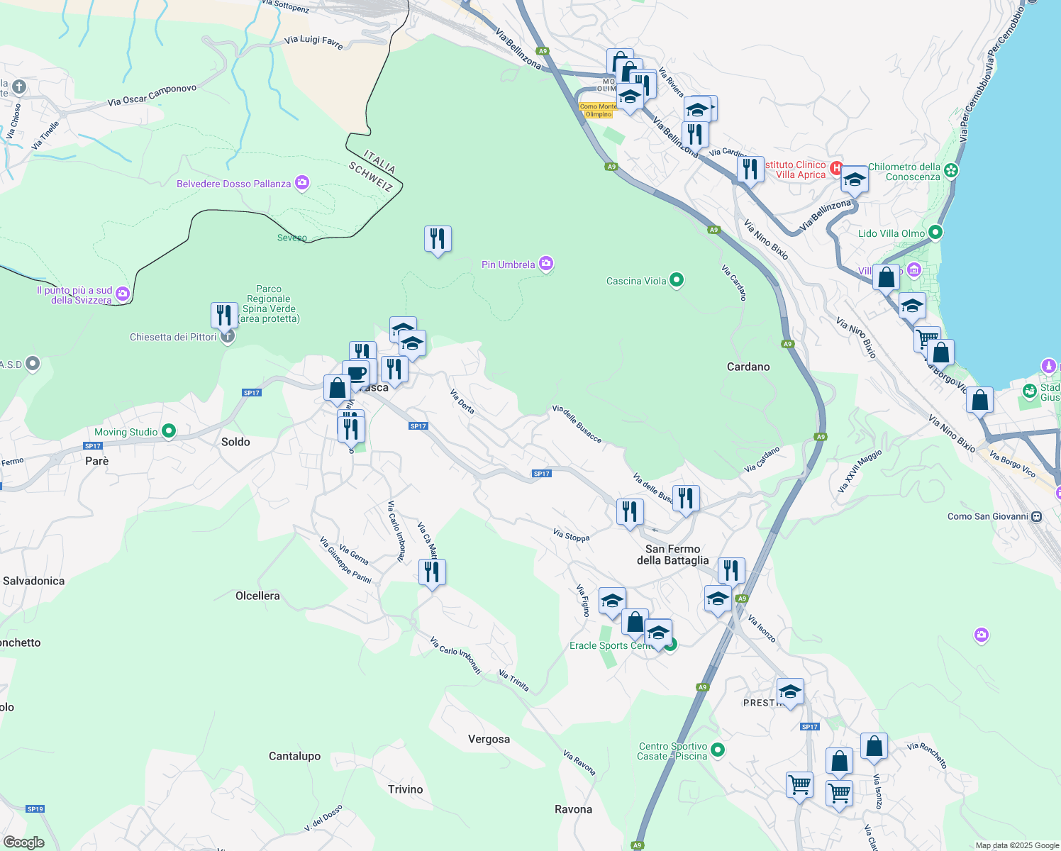 map of restaurants, bars, coffee shops, grocery stores, and more near 7A Via Giasca in San Fermo della Battaglia
