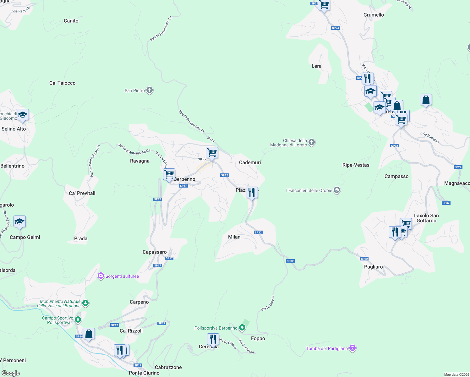 map of restaurants, bars, coffee shops, grocery stores, and more near 106 Via Papa Giovanni XXIII in Berbenno
