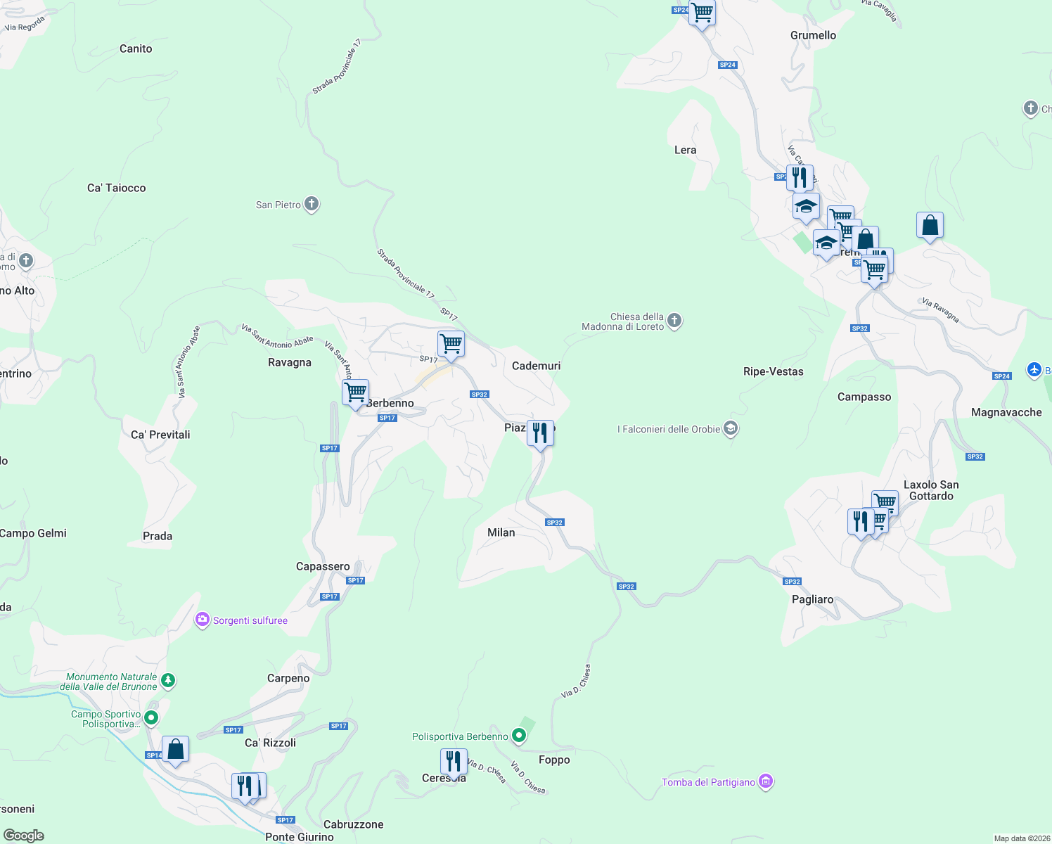 map of restaurants, bars, coffee shops, grocery stores, and more near 111 SP32 in Berbenno