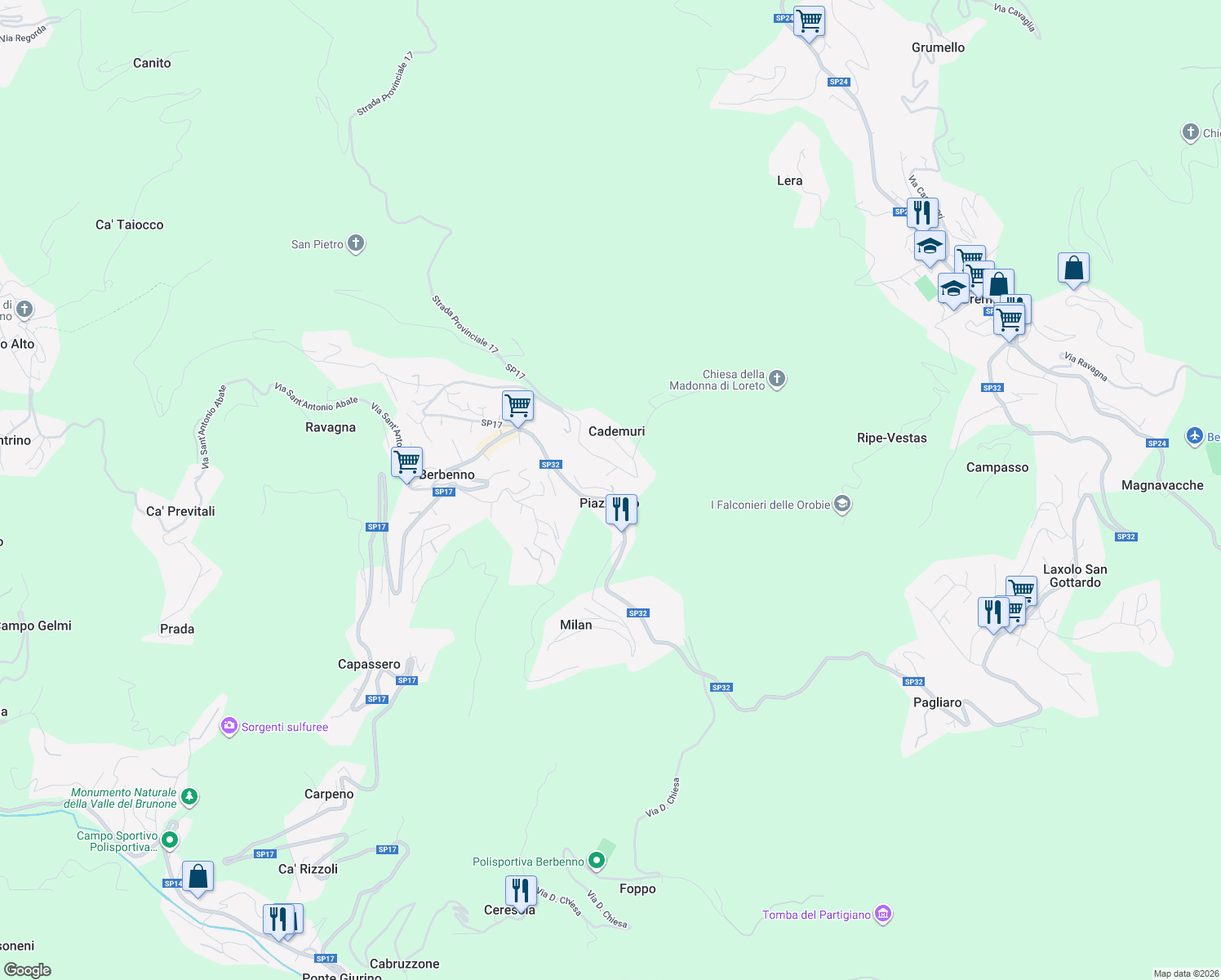 map of restaurants, bars, coffee shops, grocery stores, and more near 111 Strada Provinciale 32 in Berbenno