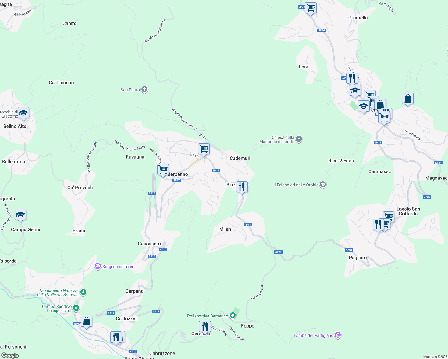 map of restaurants, bars, coffee shops, grocery stores, and more near 106 Via Papa Giovanni XXIII in Berbenno