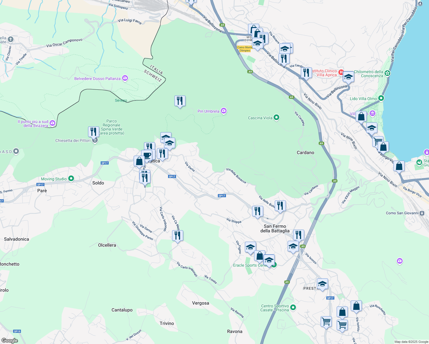 map of restaurants, bars, coffee shops, grocery stores, and more near 7A Via Giasca in San Fermo della Battaglia