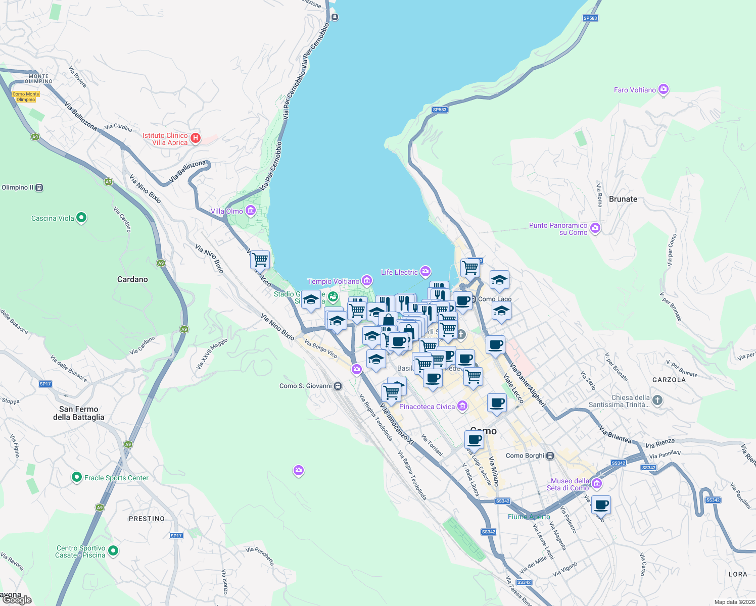 map of restaurants, bars, coffee shops, grocery stores, and more near Lungolago Mafalda di Savoia in Como