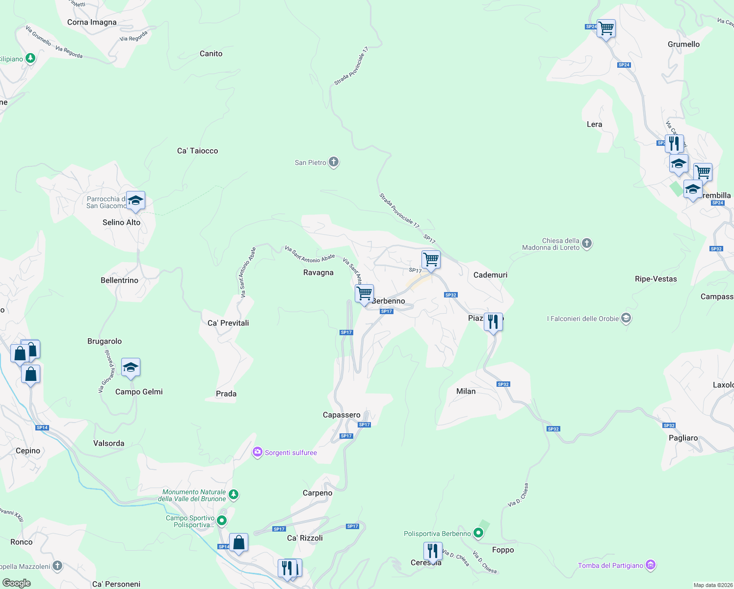 map of restaurants, bars, coffee shops, grocery stores, and more near 13 Via Dante Alighieri in Berbenno