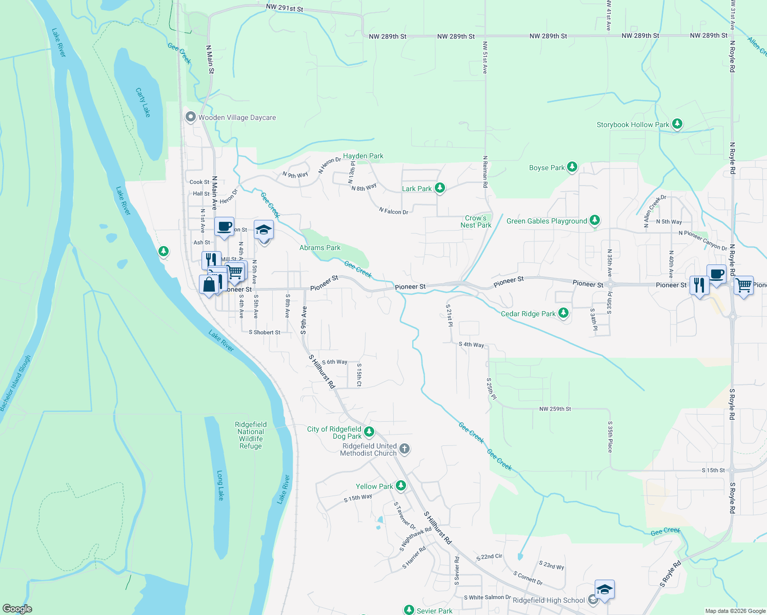 map of restaurants, bars, coffee shops, grocery stores, and more near 28 S Gee Creek Loop in Ridgefield