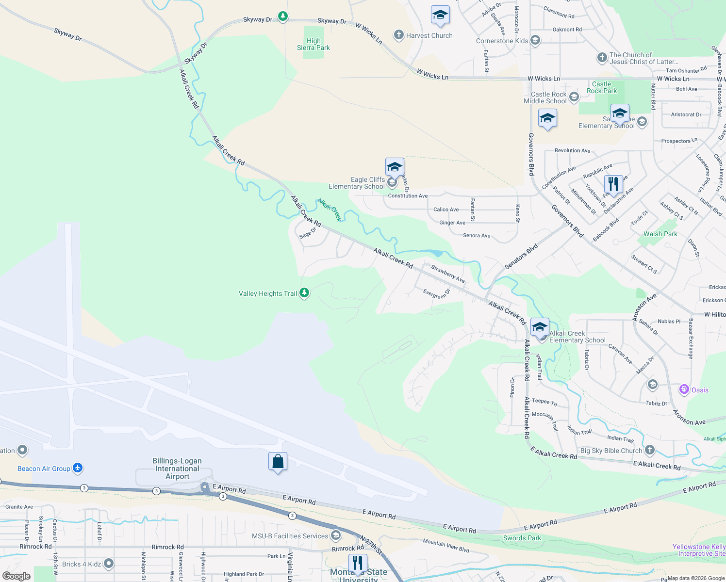 map of restaurants, bars, coffee shops, grocery stores, and more near 1740 Valley Heights Road in Billings
