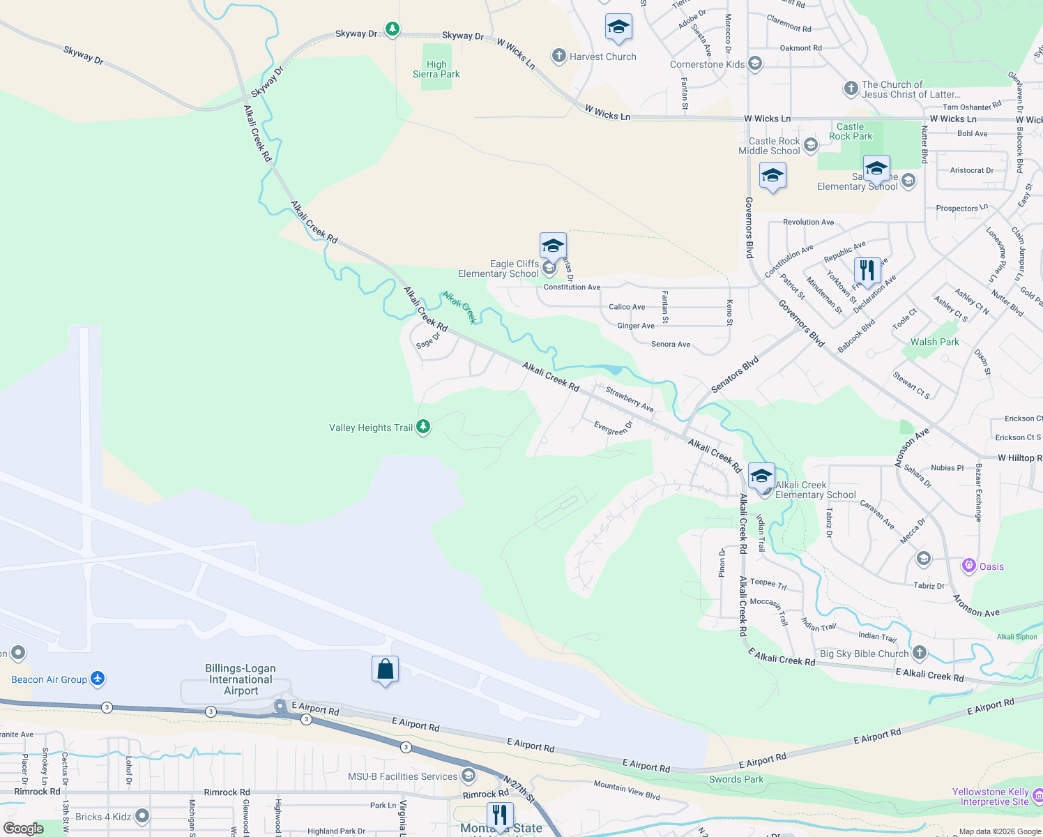 map of restaurants, bars, coffee shops, grocery stores, and more near 1740 Valley Heights Road in Billings
