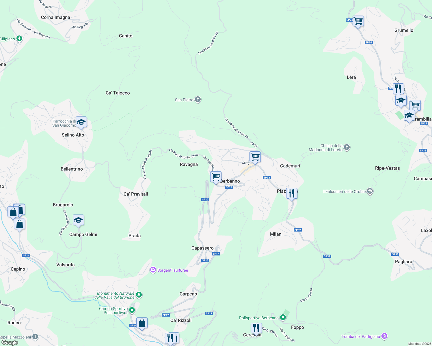 map of restaurants, bars, coffee shops, grocery stores, and more near 13 Via Dante Alighieri in Berbenno