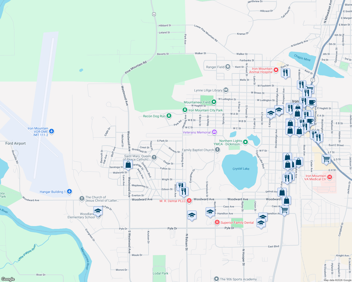 map of restaurants, bars, coffee shops, grocery stores, and more near 698 Wilson Avenue in Kingsford