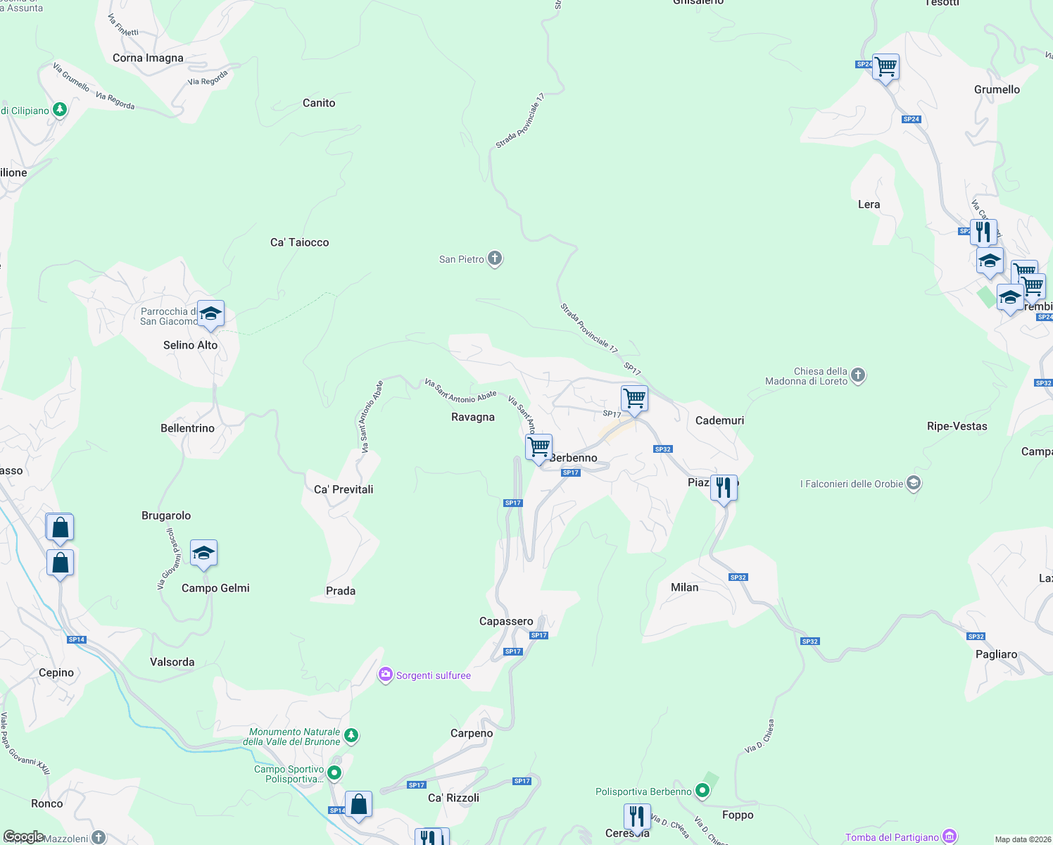 map of restaurants, bars, coffee shops, grocery stores, and more near 59 Via John Fitzgerald Kennedy in Berbenno