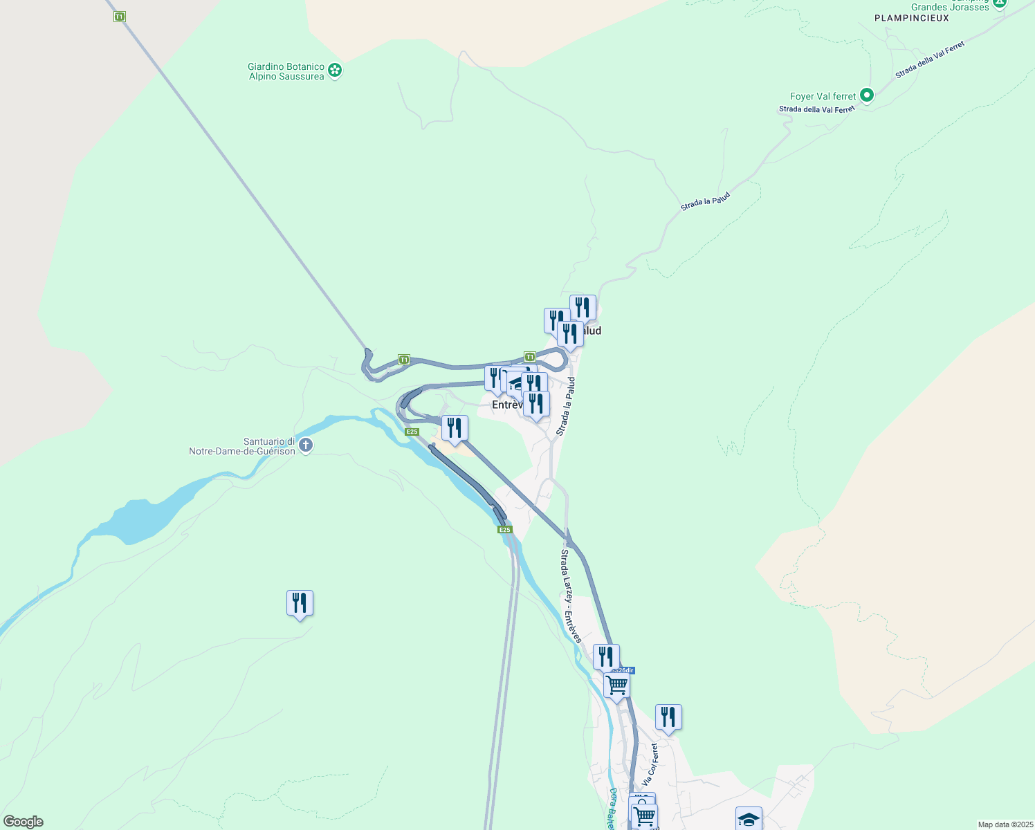 map of restaurants, bars, coffee shops, grocery stores, and more near in Entrèves