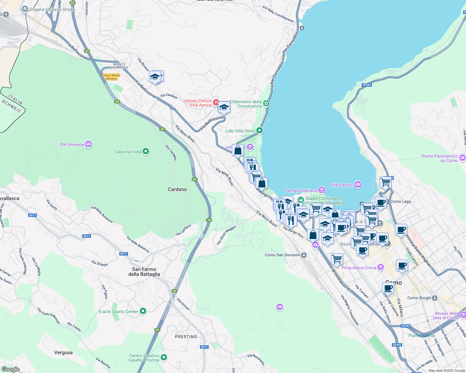map of restaurants, bars, coffee shops, grocery stores, and more near 36 Via Nino Bixio in Como