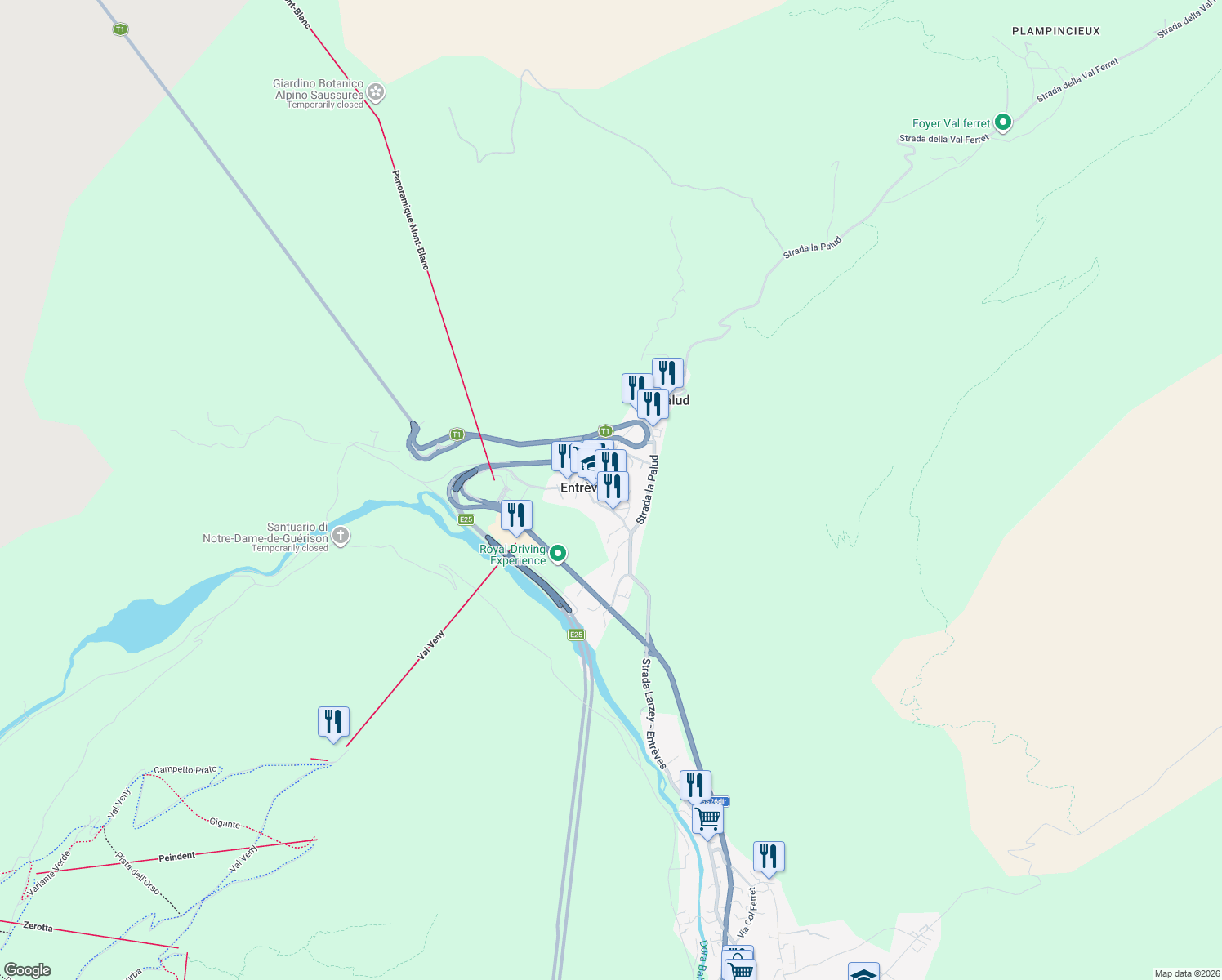 map of restaurants, bars, coffee shops, grocery stores, and more near in Entrèves
