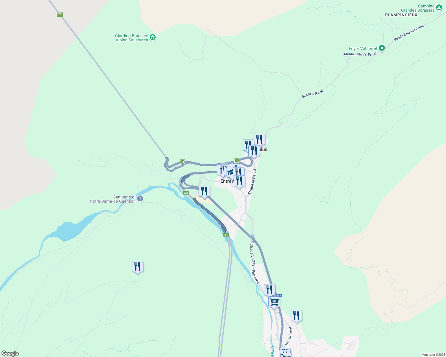 map of restaurants, bars, coffee shops, grocery stores, and more near 2 Via Grandes Jorasses in Courmayeur