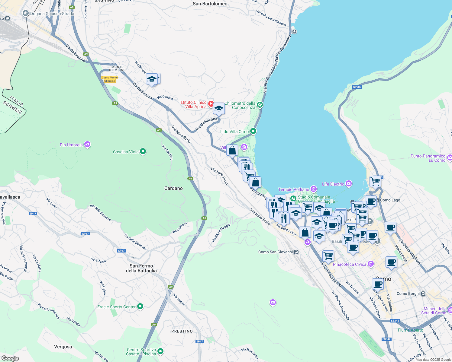 map of restaurants, bars, coffee shops, grocery stores, and more near 36 Via Nino Bixio in Como