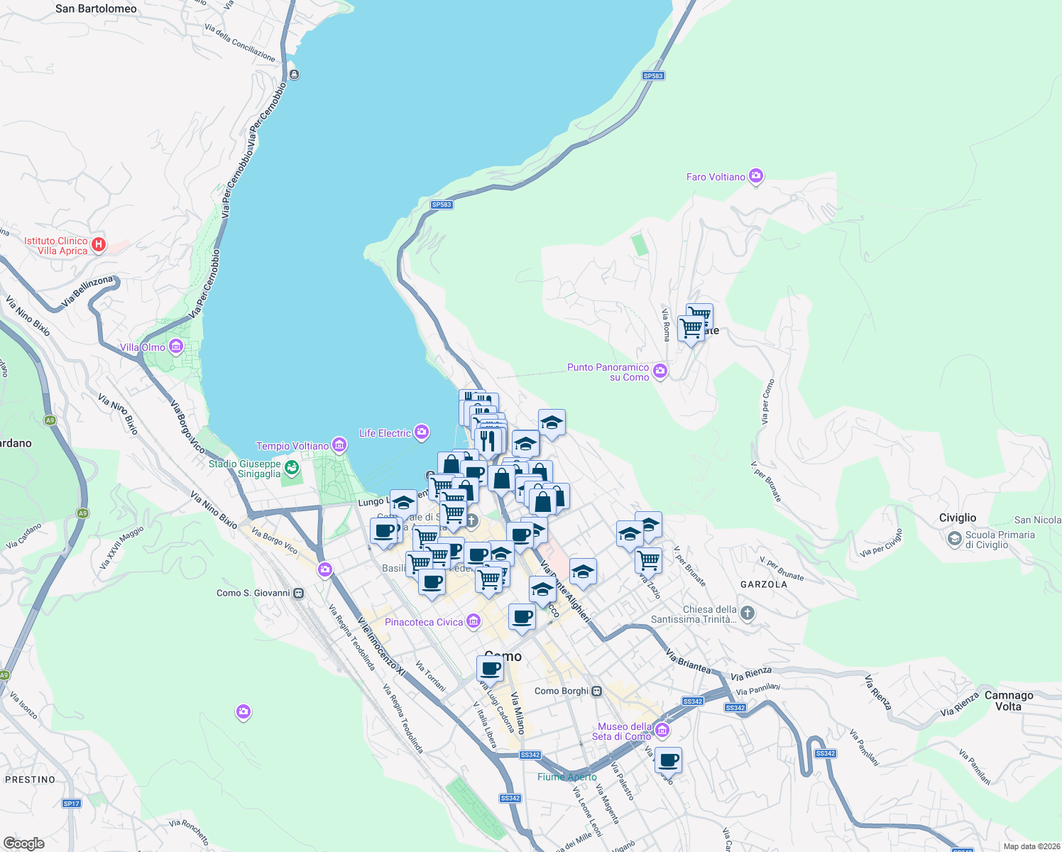 map of restaurants, bars, coffee shops, grocery stores, and more near 9 Via Prudenziana in Como