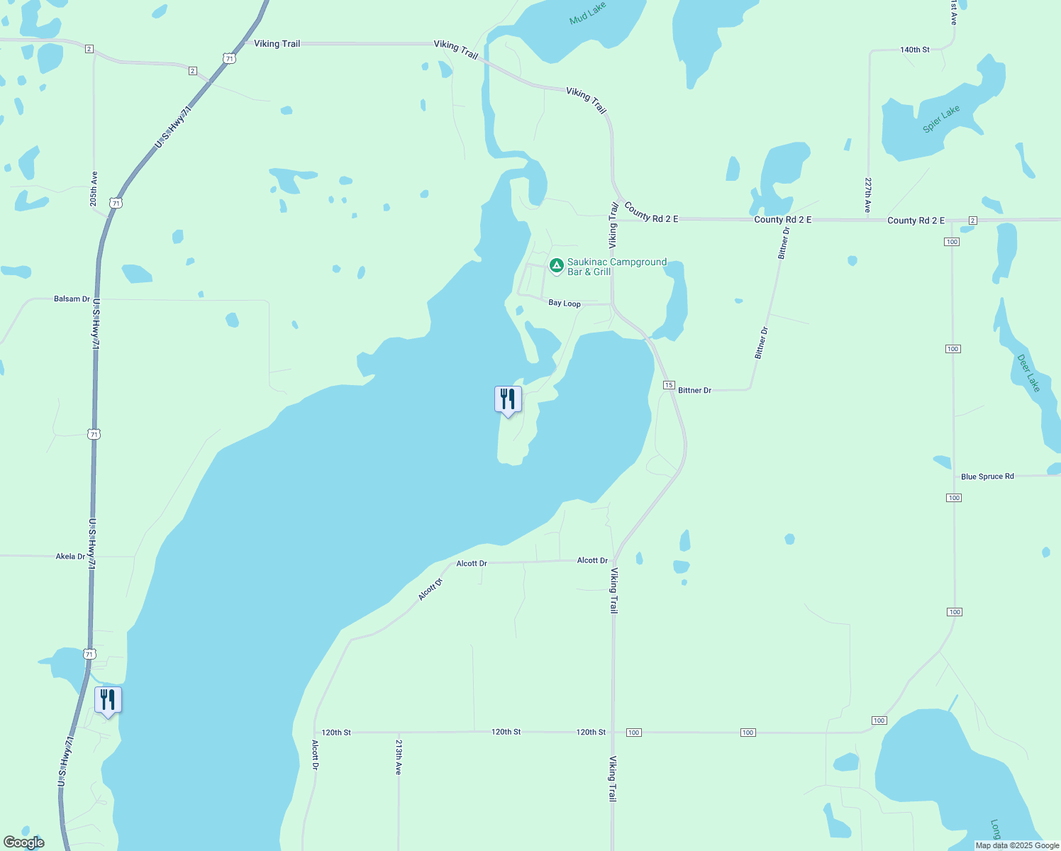 map of restaurants, bars, coffee shops, grocery stores, and more near 12818 Bayview Drive in Sauk Centre