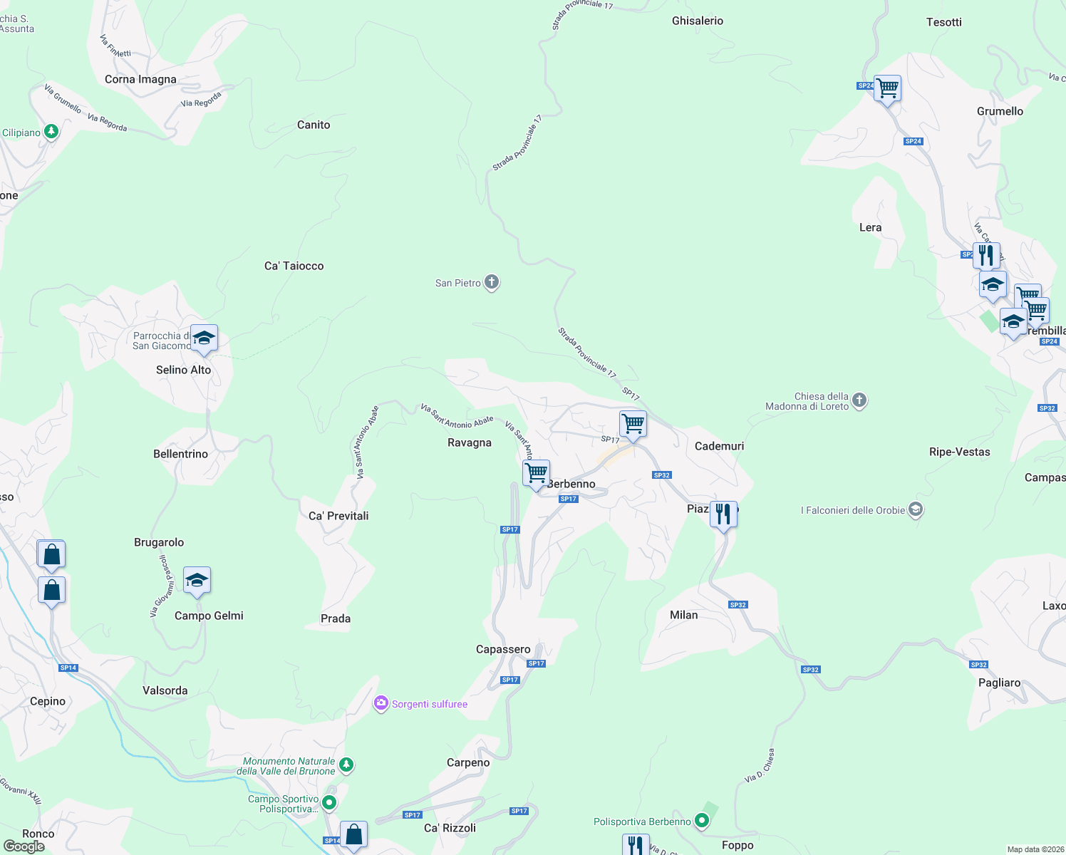 map of restaurants, bars, coffee shops, grocery stores, and more near 59 Via John Fitzgerald Kennedy in Berbenno