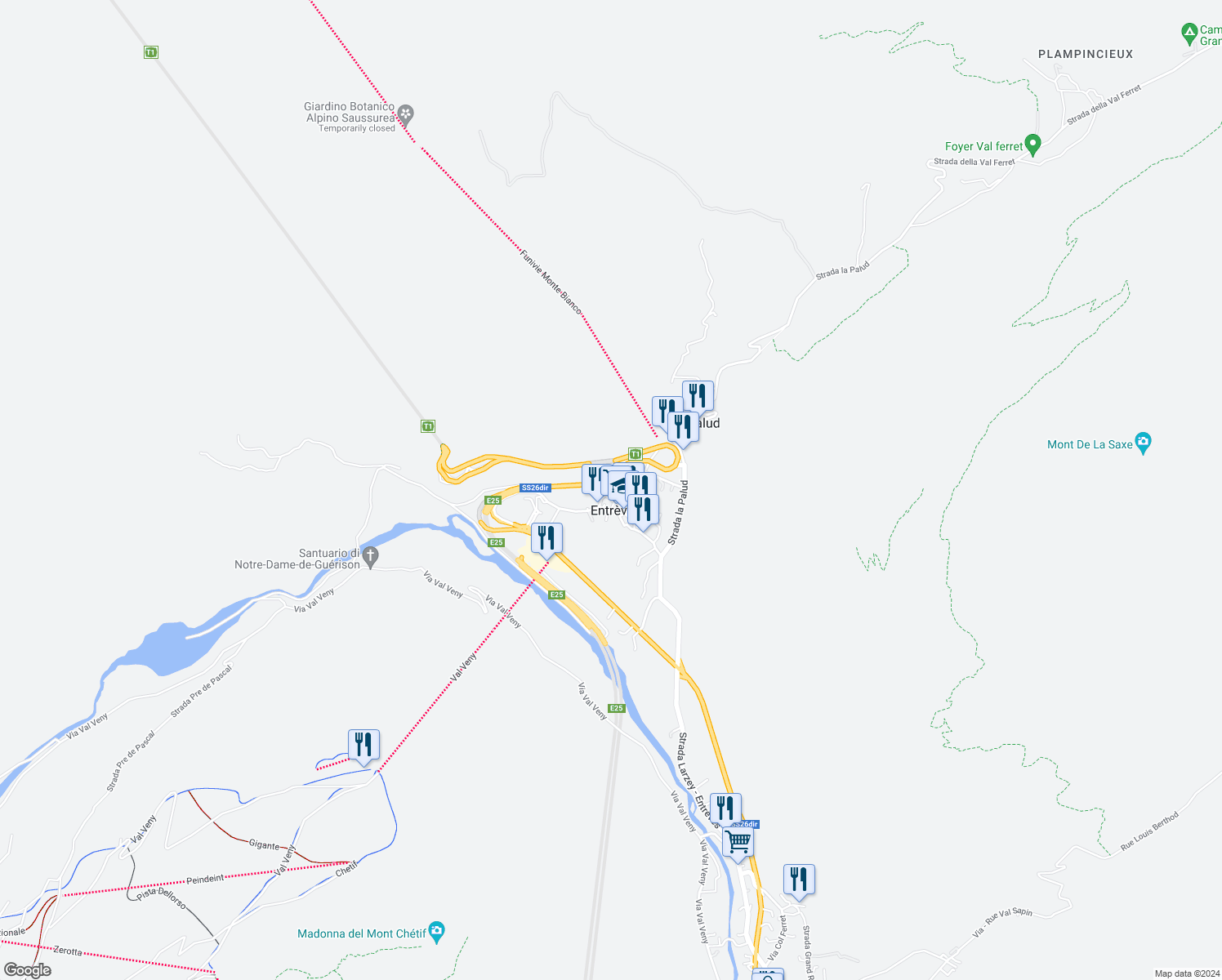 map of restaurants, bars, coffee shops, grocery stores, and more near 2 Via Grandes Jorasses in Courmayeur