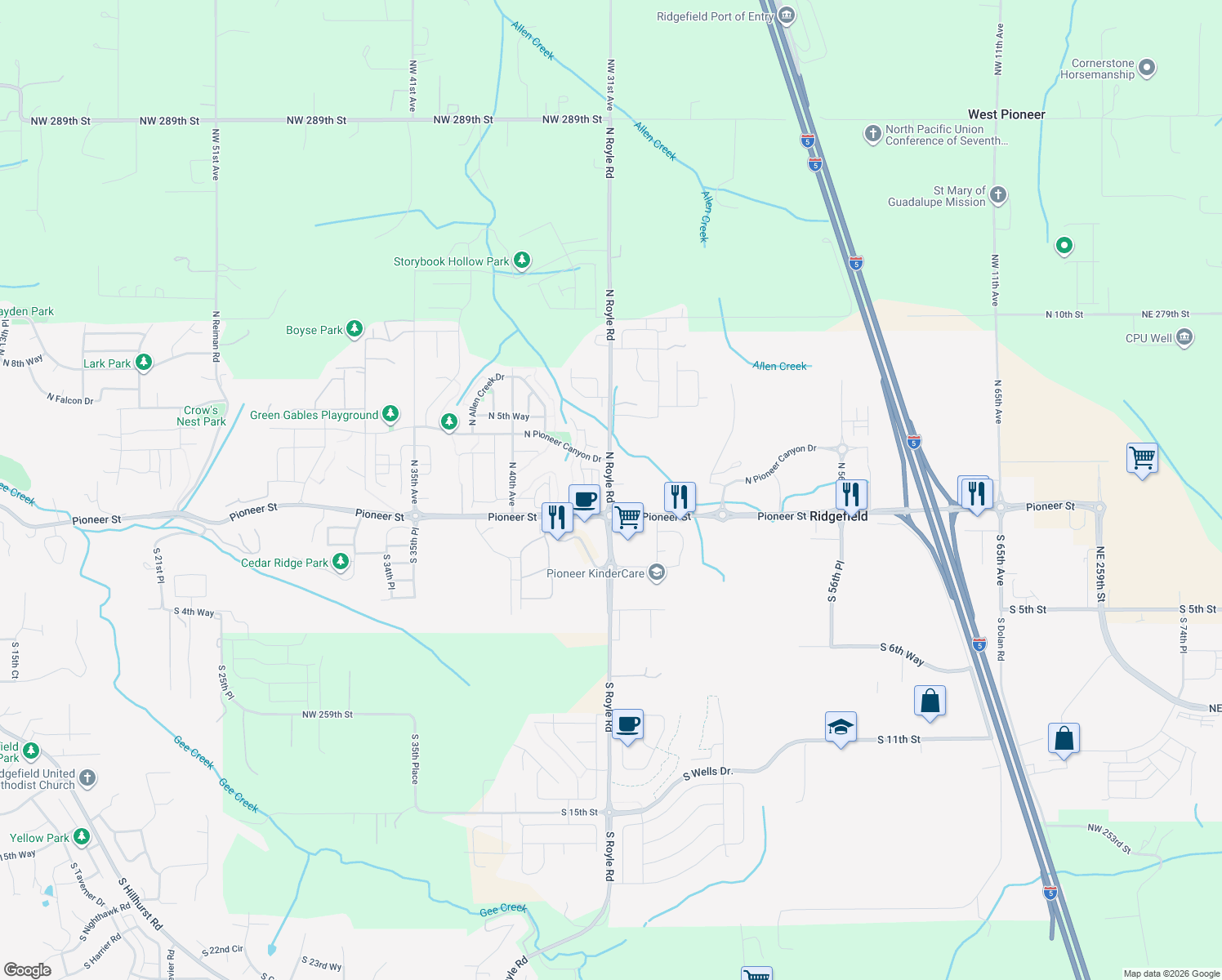 map of restaurants, bars, coffee shops, grocery stores, and more near 22518 Northwest 31st Avenue in Ridgefield