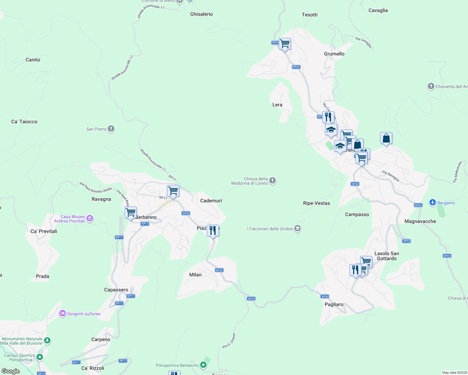 map of restaurants, bars, coffee shops, grocery stores, and more near 6 via Berbenno in Val Brembilla
