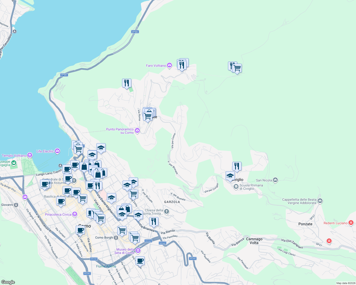 map of restaurants, bars, coffee shops, grocery stores, and more near 1C Via alle Vigne in Brunate