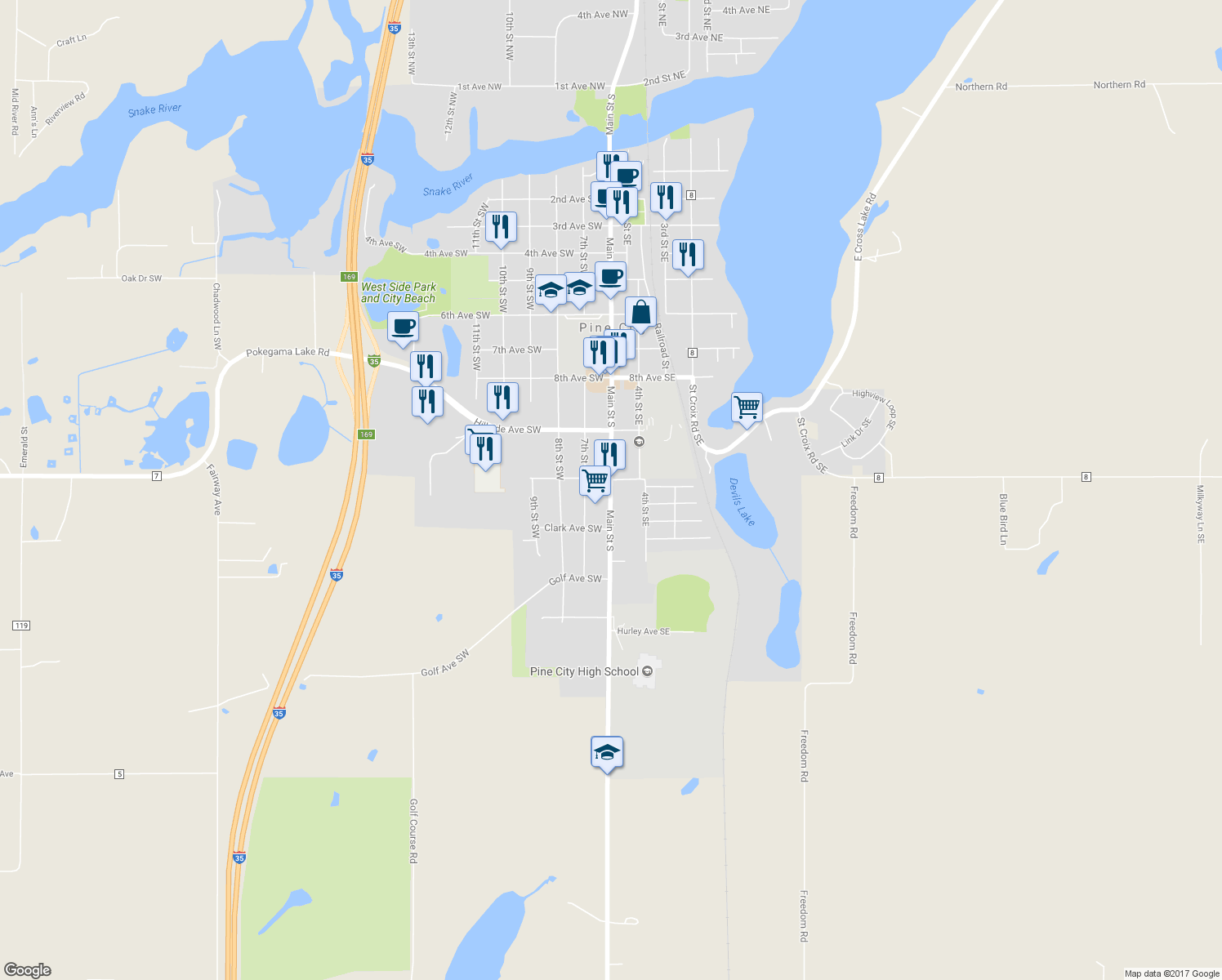map of restaurants, bars, coffee shops, grocery stores, and more near 1010 Main Street South in Pine City