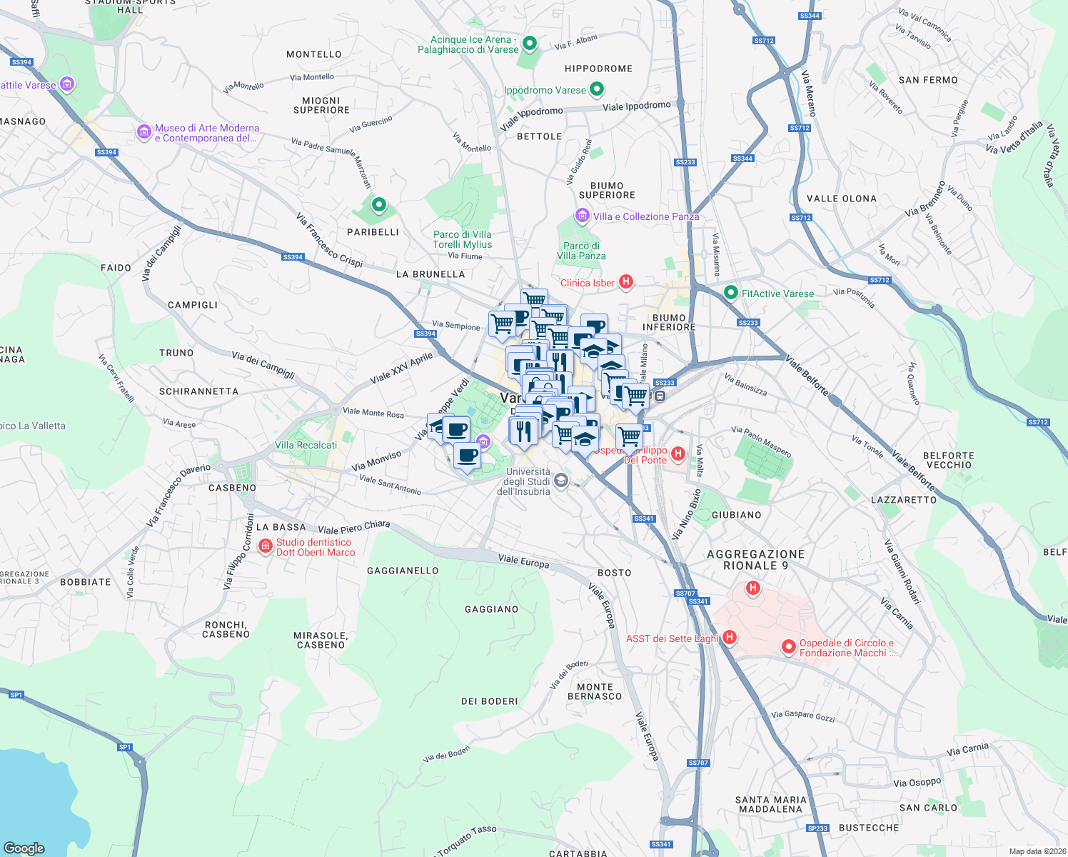map of restaurants, bars, coffee shops, grocery stores, and more near in Varese