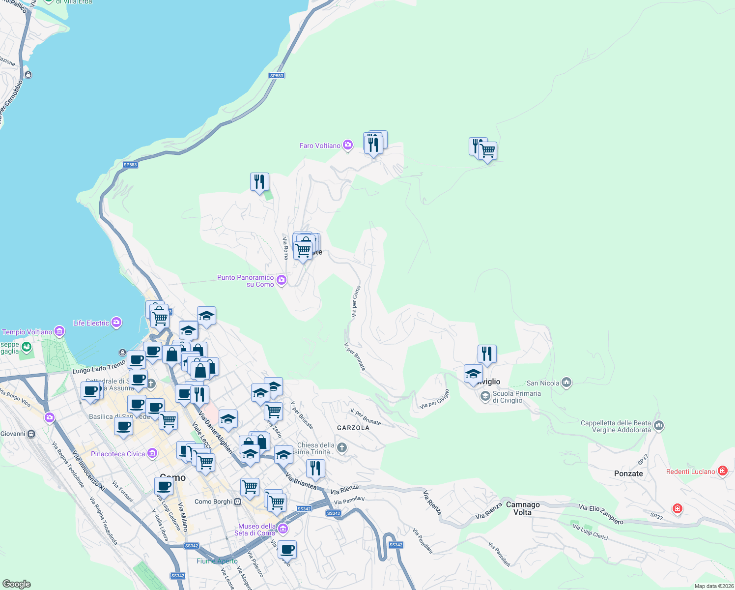 map of restaurants, bars, coffee shops, grocery stores, and more near 1C Via alle Vigne in Brunate