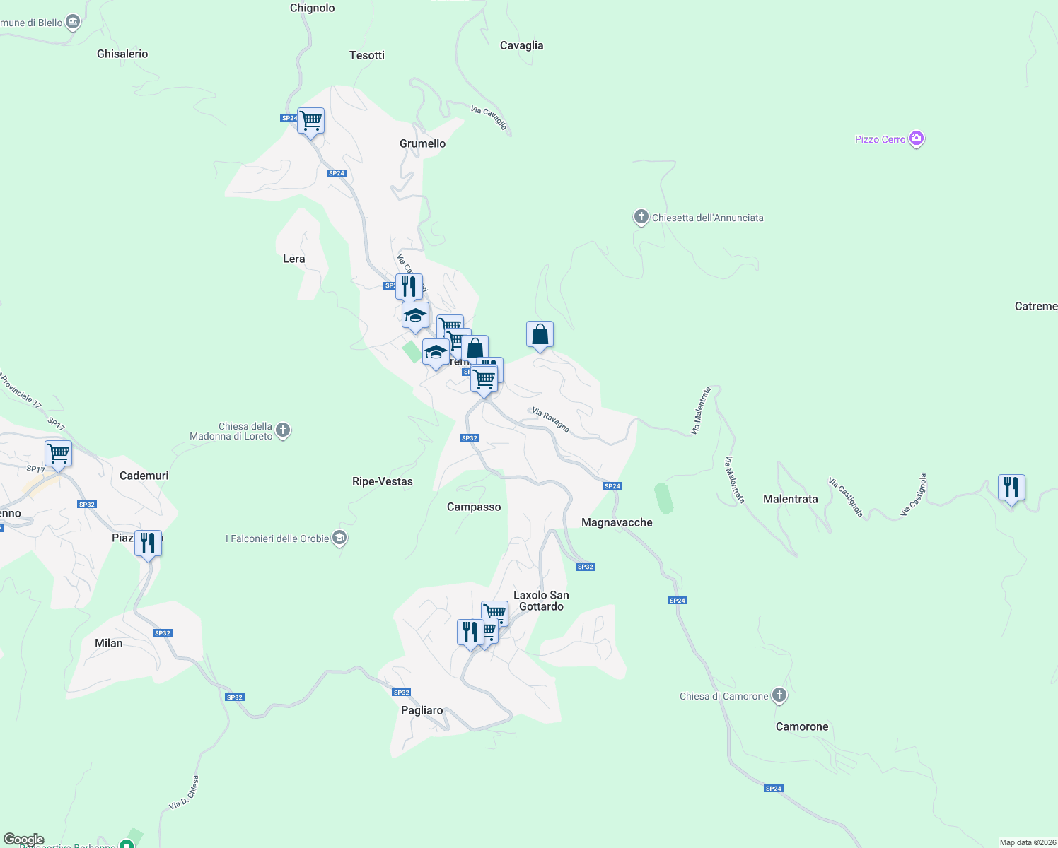 map of restaurants, bars, coffee shops, grocery stores, and more near 91 Via Magnavacche in Val Brembilla