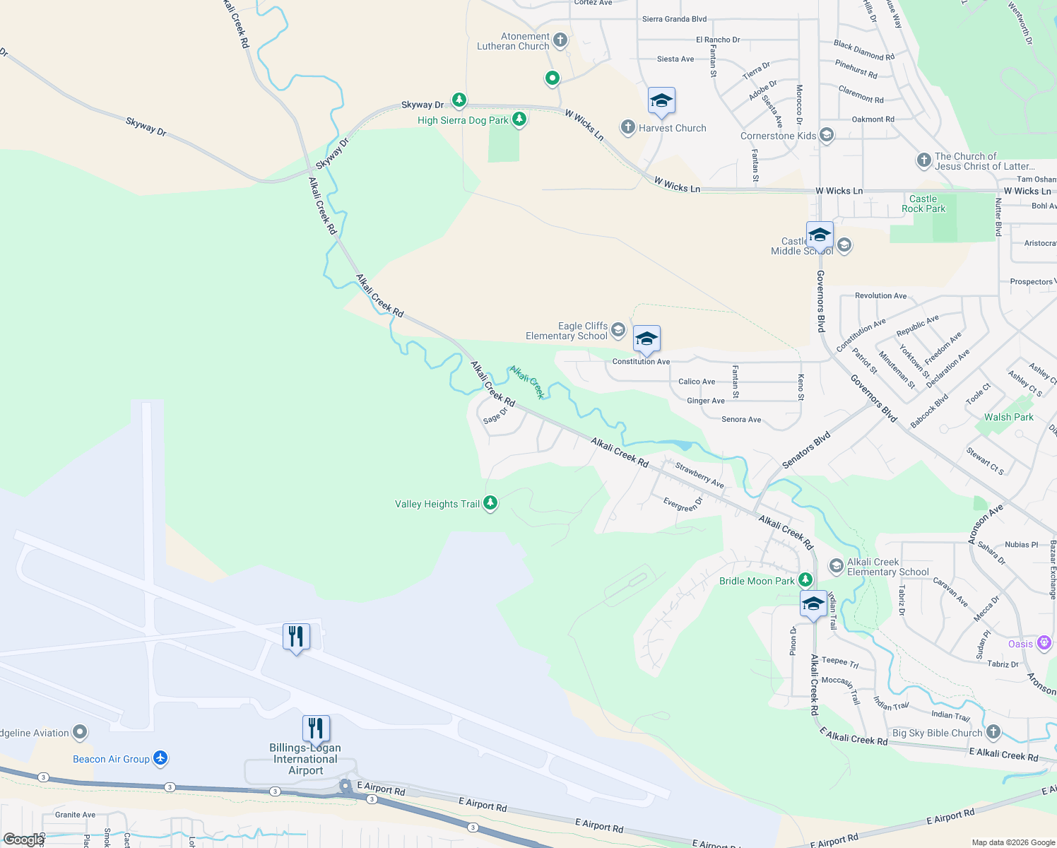 map of restaurants, bars, coffee shops, grocery stores, and more near 1431 Prickley Pear Drive in Billings