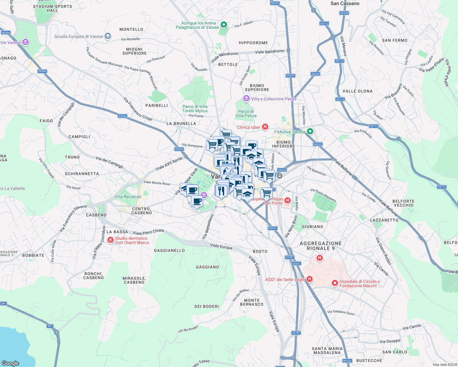 map of restaurants, bars, coffee shops, grocery stores, and more near in Varese