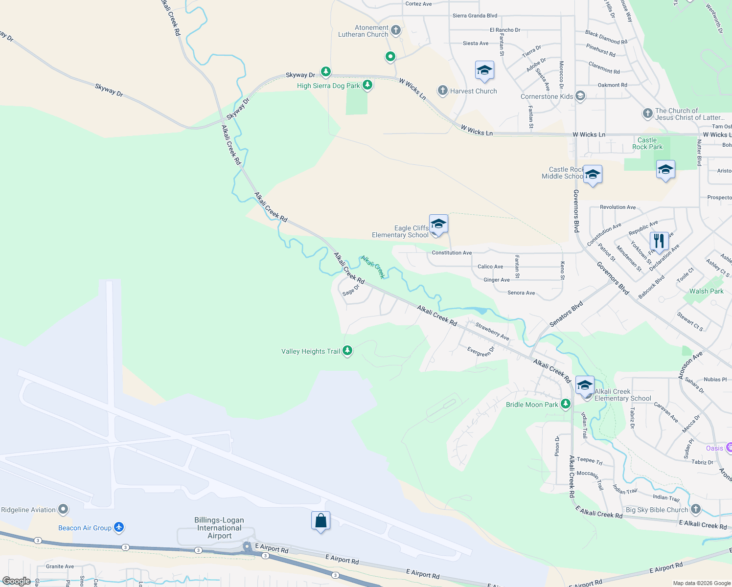map of restaurants, bars, coffee shops, grocery stores, and more near 1431 Prickley Pear Drive in Billings