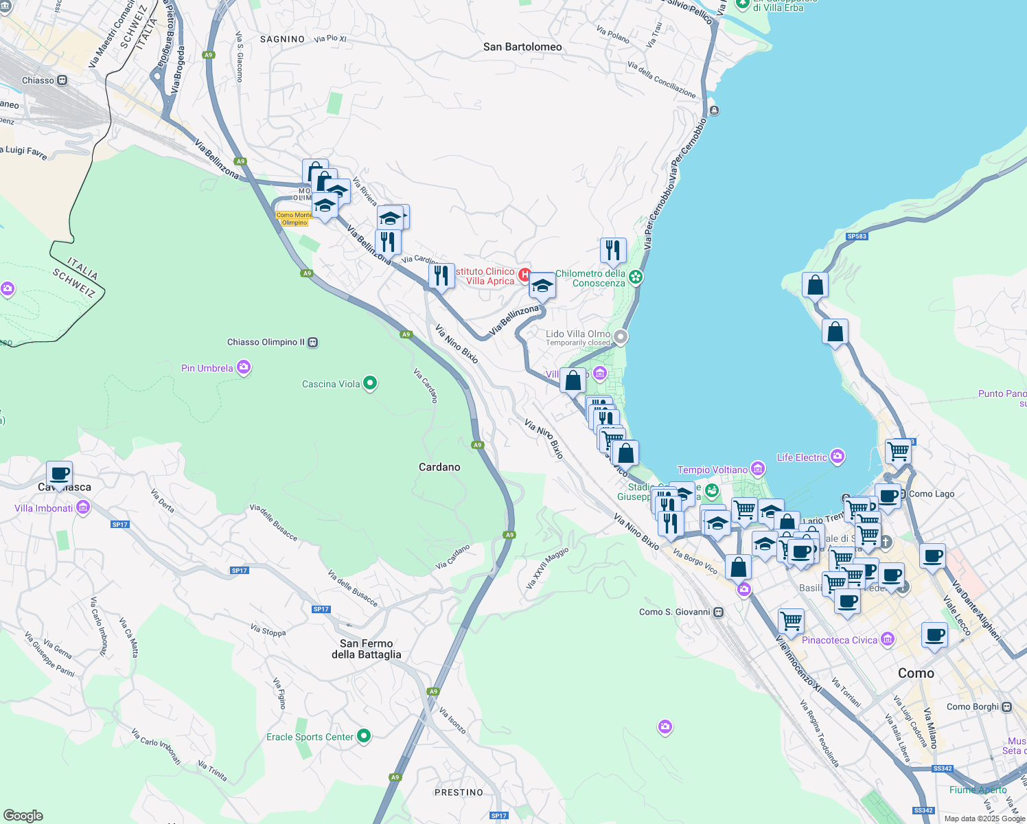map of restaurants, bars, coffee shops, grocery stores, and more near 33 Via Nino Bixio in Como