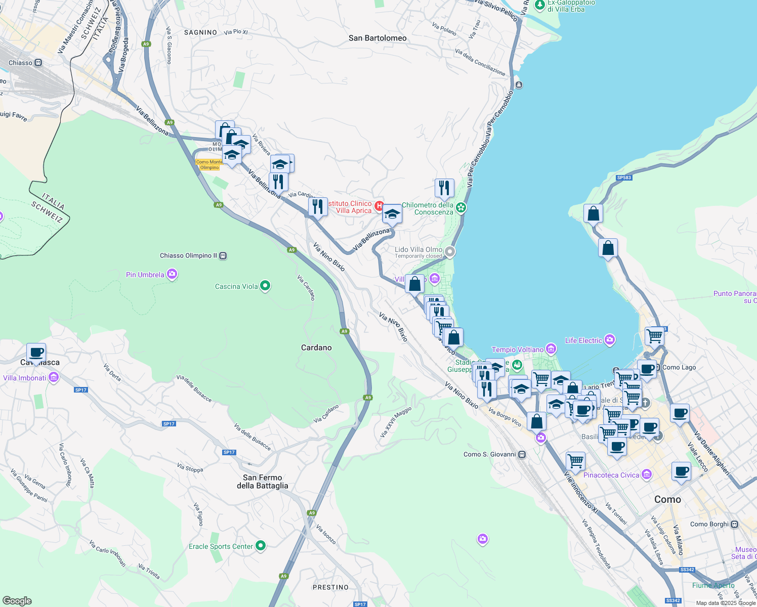 map of restaurants, bars, coffee shops, grocery stores, and more near 33 Via Nino Bixio in Como