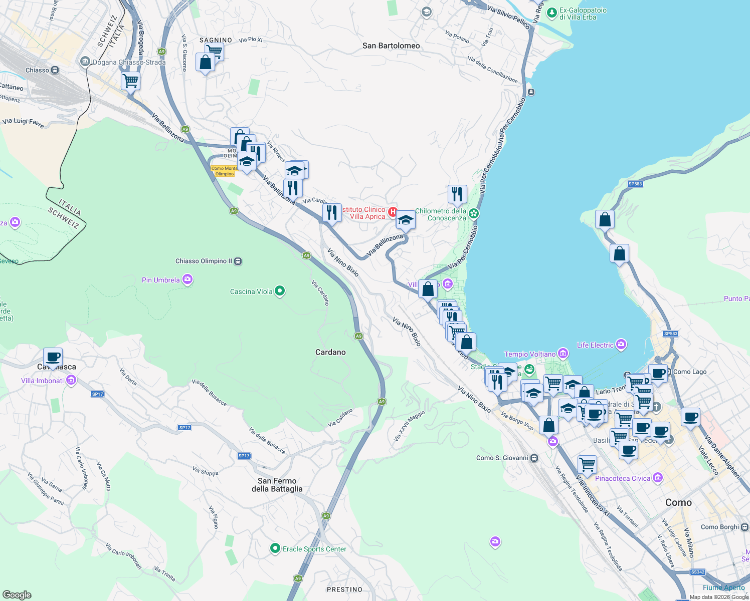 map of restaurants, bars, coffee shops, grocery stores, and more near 39 Via Nino Bixio in Como