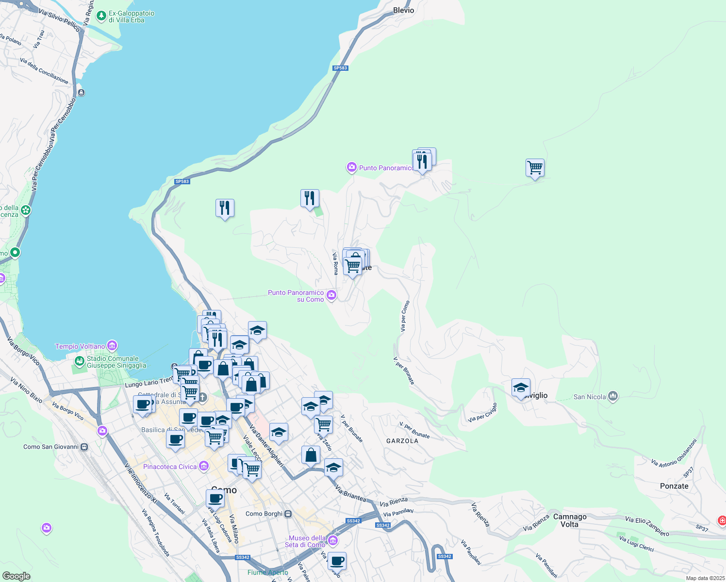 map of restaurants, bars, coffee shops, grocery stores, and more near 7 Via Sentierone per Como in Brunate