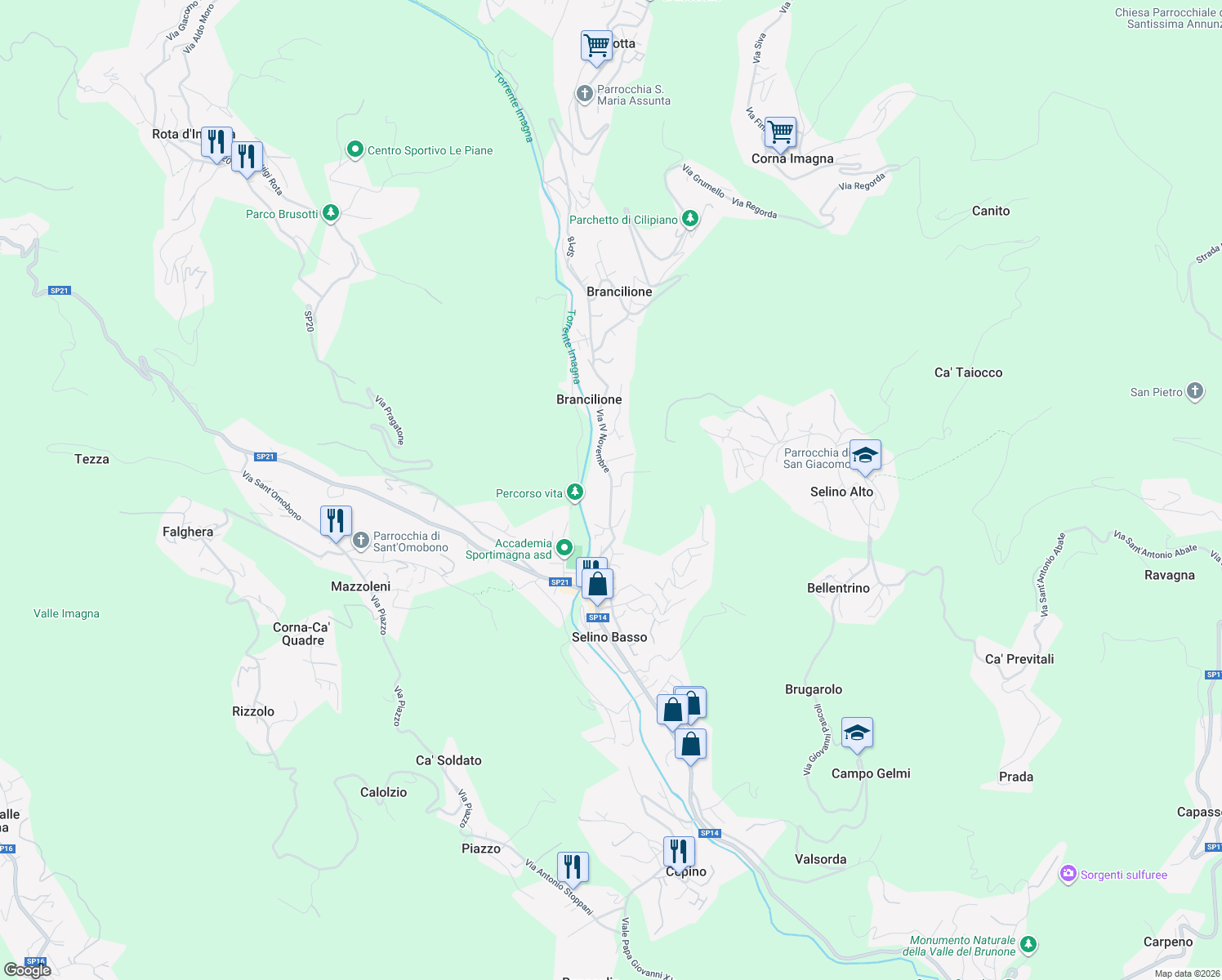 map of restaurants, bars, coffee shops, grocery stores, and more near 30 Via IV Novembre in Selino Basso
