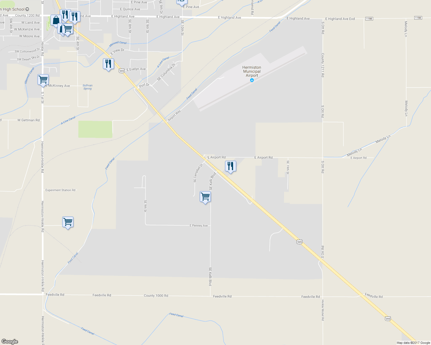 map of restaurants, bars, coffee shops, grocery stores, and more near 2350 Southeast Kelli Boulevard in Hermiston