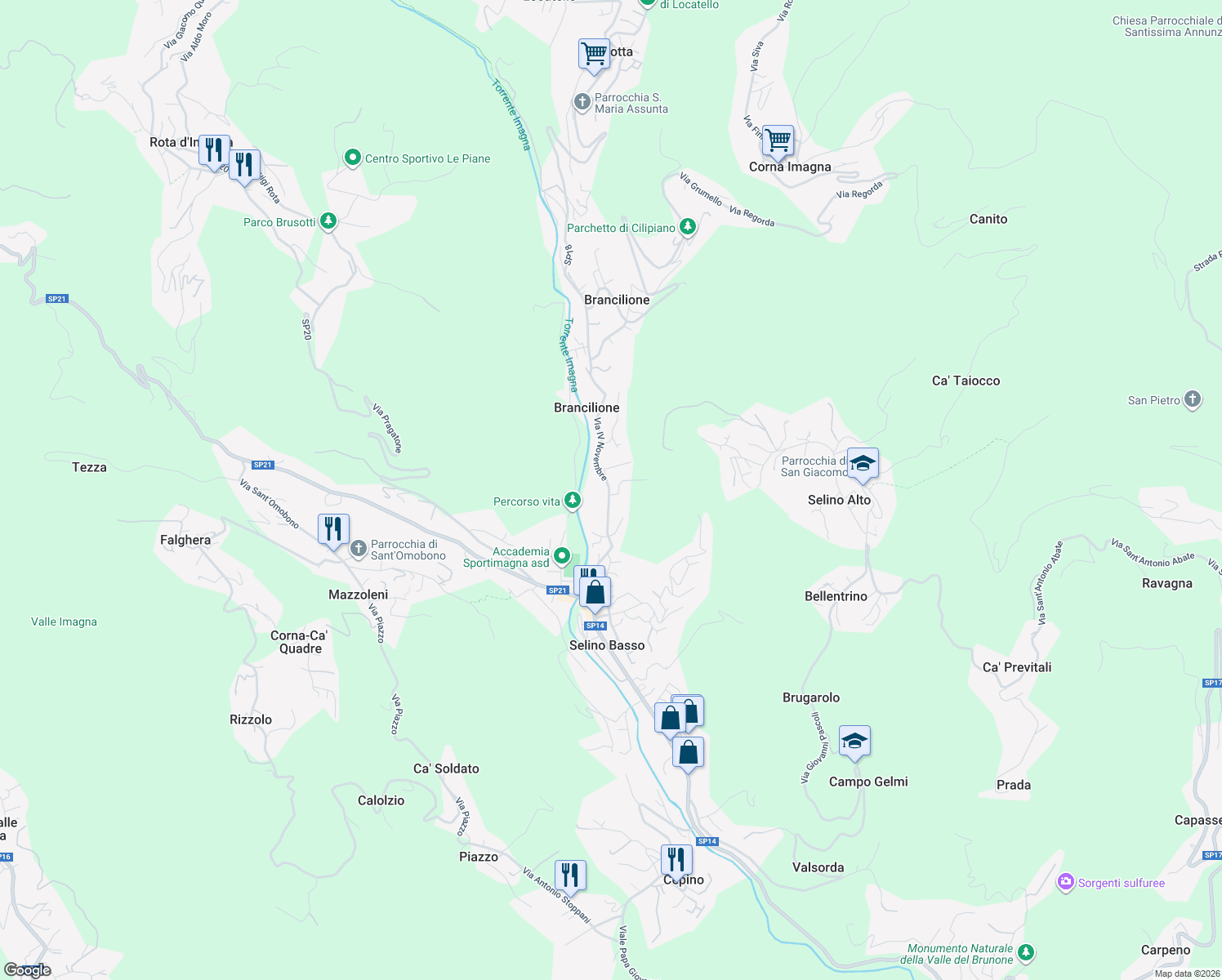 map of restaurants, bars, coffee shops, grocery stores, and more near 30 Via IV Novembre in Selino Basso