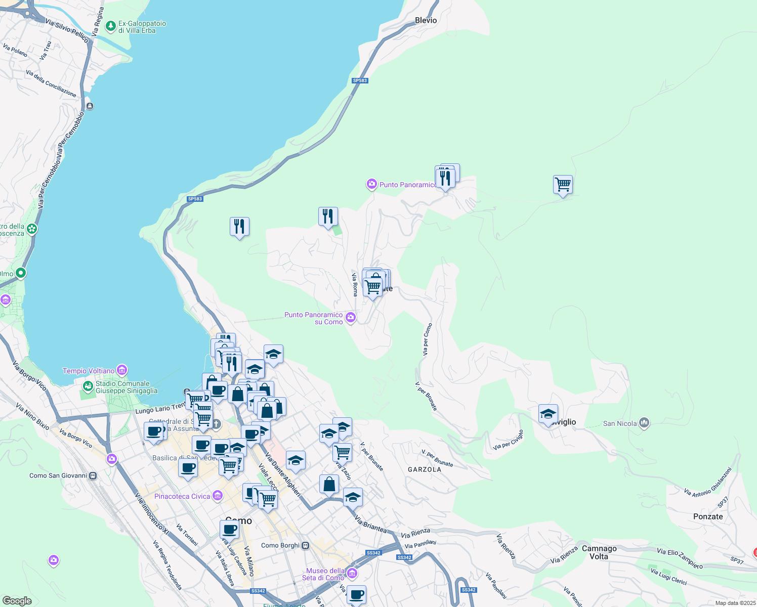 map of restaurants, bars, coffee shops, grocery stores, and more near 7 Via Sentierone per Como in Brunate