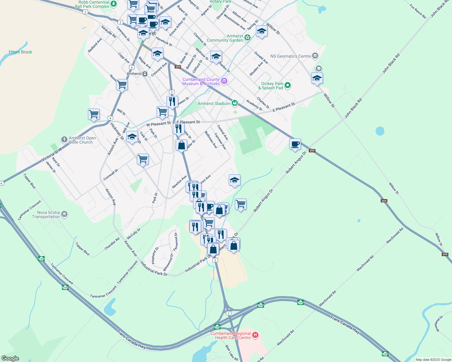 map of restaurants, bars, coffee shops, grocery stores, and more near 32 Lorne Crescent in Amherst