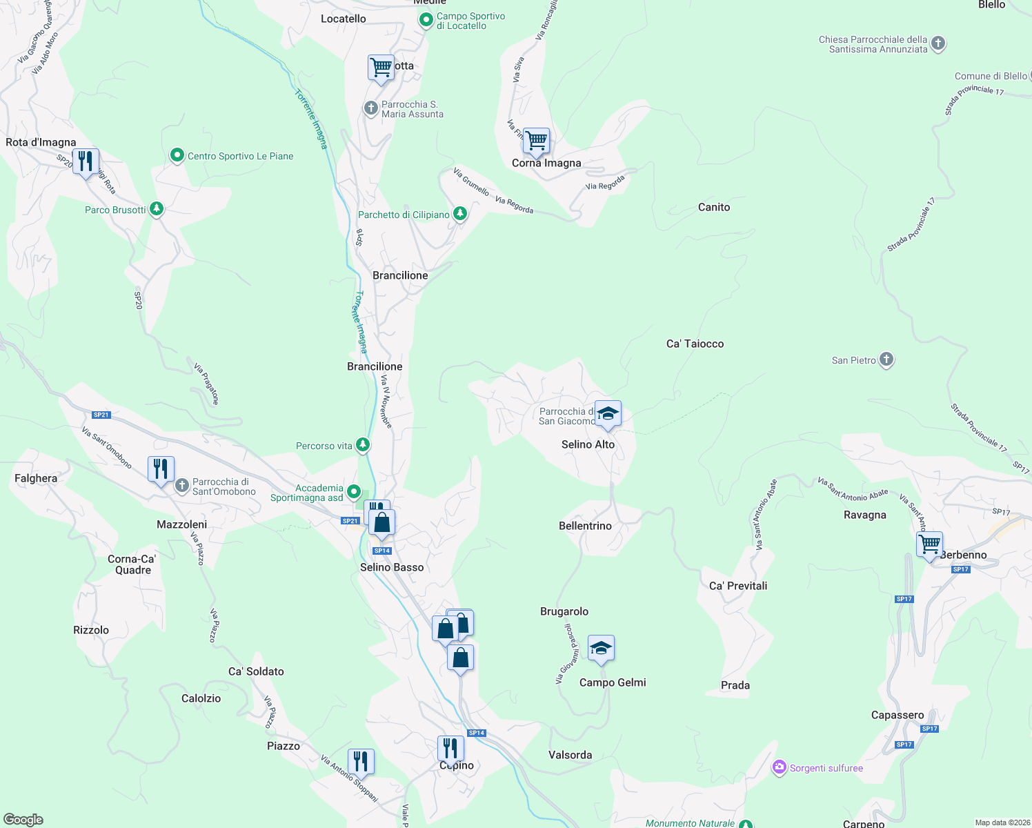 map of restaurants, bars, coffee shops, grocery stores, and more near 17 Via Alessandro Manzoni in Selino Alto