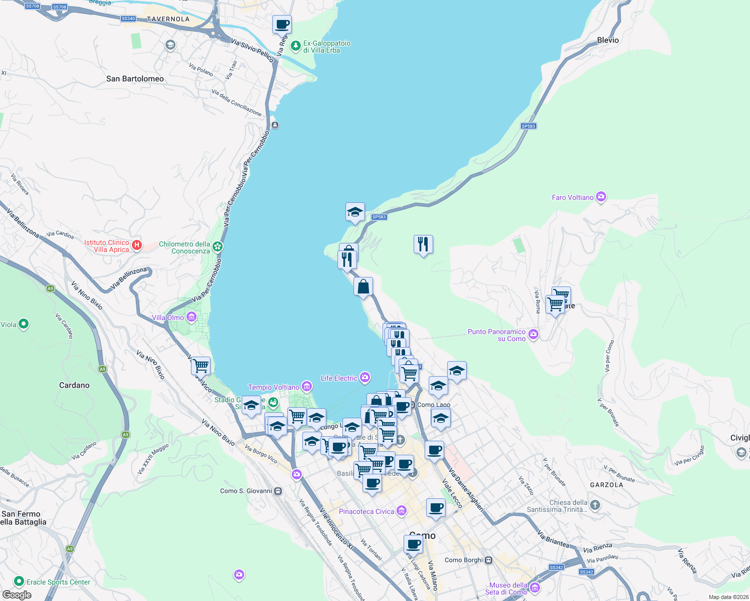 map of restaurants, bars, coffee shops, grocery stores, and more near 45 Via Torno in Como