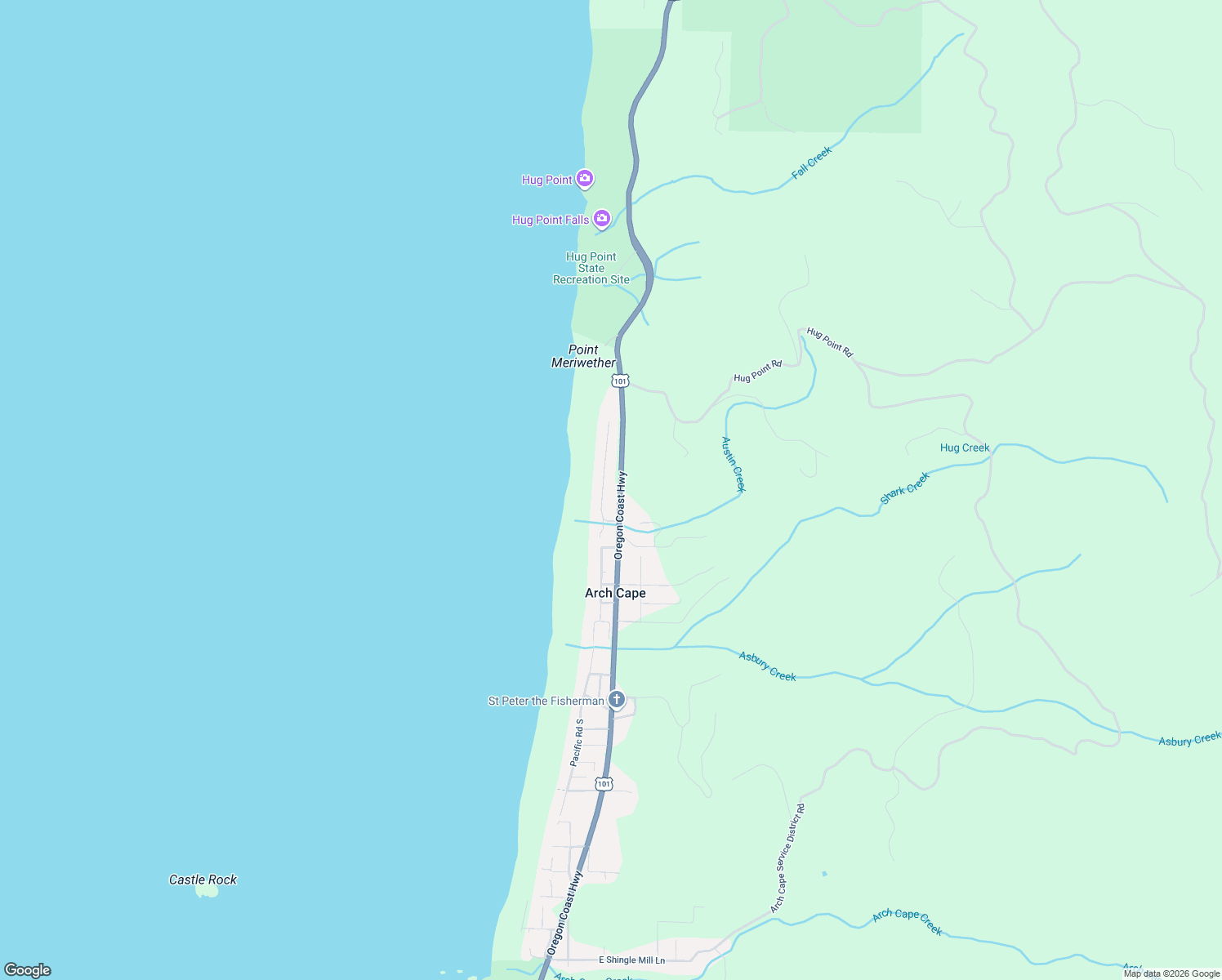 map of restaurants, bars, coffee shops, grocery stores, and more near 80431 Carnahan Road North in Arch Cape